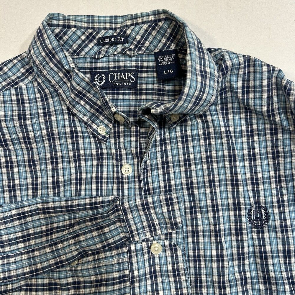 Chaps Mens Large Shirt Long Sleeve 100% Cotton Button-Down Blue Multicolor Plaid